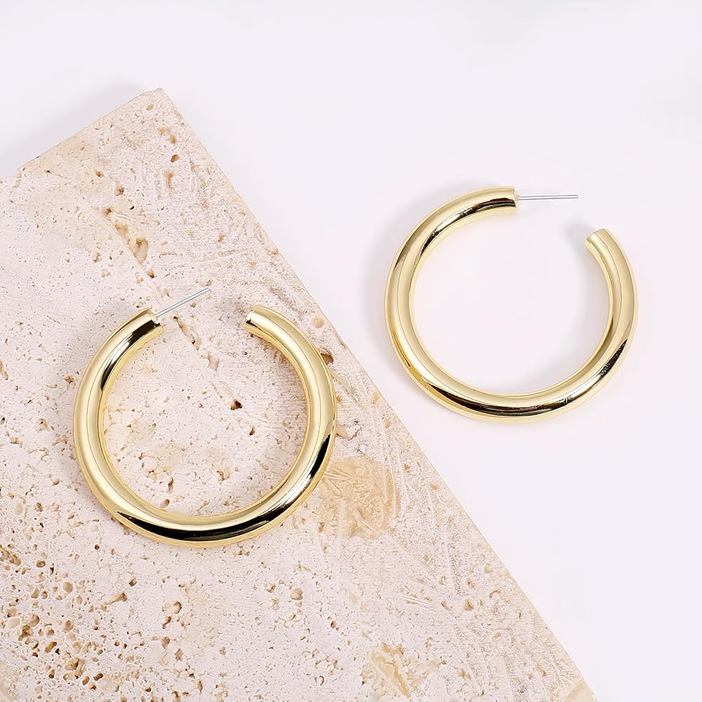 あい　Classic Hoops Thick Small Gold Chunky Gold Hoop Earrings, 925 Sterling Silver Thick Hoop